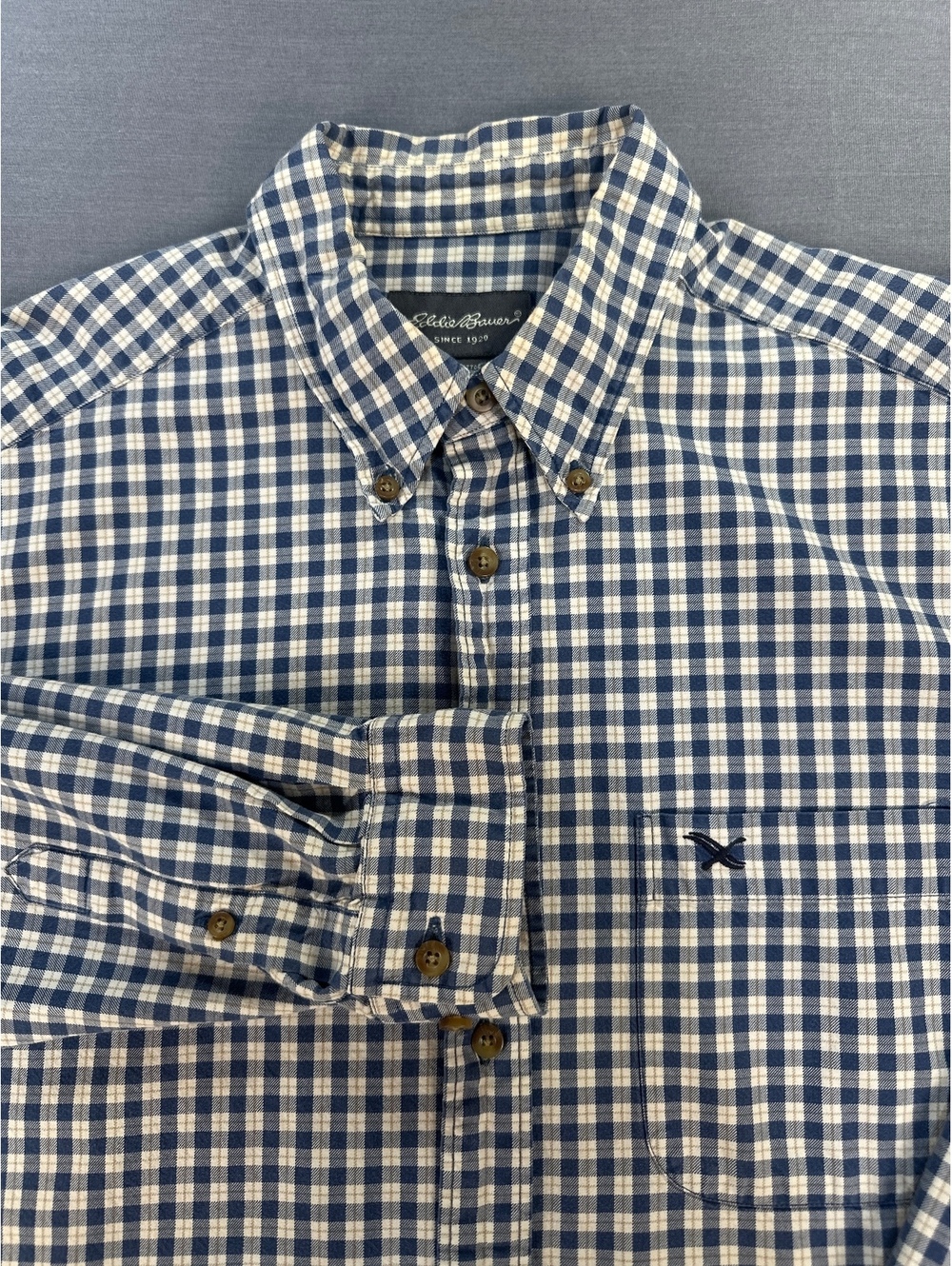 Eddie Bauer Men Button-Up Shirt Medium Blue White Check Cotton